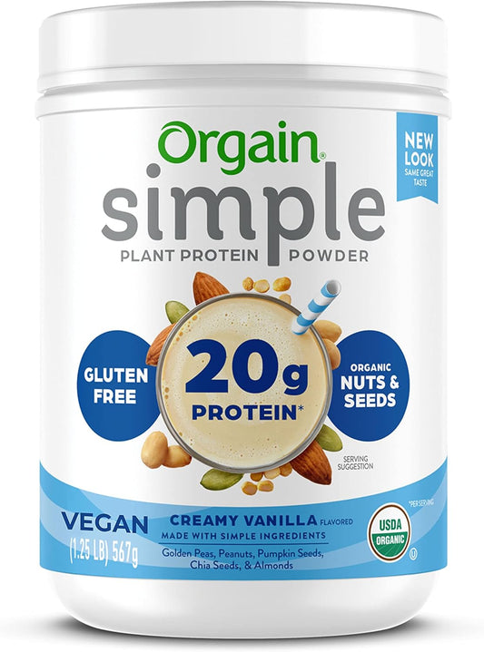 Orgain Organic Simple Vegan Protein Powder, Vanilla - 20g Plant Based Protein, Made with less Ingredients, No Artificial Sweeteners, Gluten-Free, Non-GMO, No Dairy or Lactose Ingredients, 1.25lb