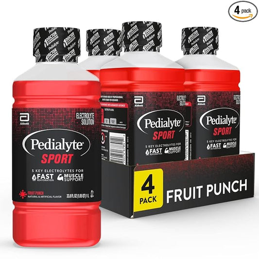 Pedialyte Sport Electrolyte Drink, Fast Hydration with 5 Key Electrolytes for Muscle Support Before, During, & After Exercise, Fruit Punch, 1 Liter, Pack of 4