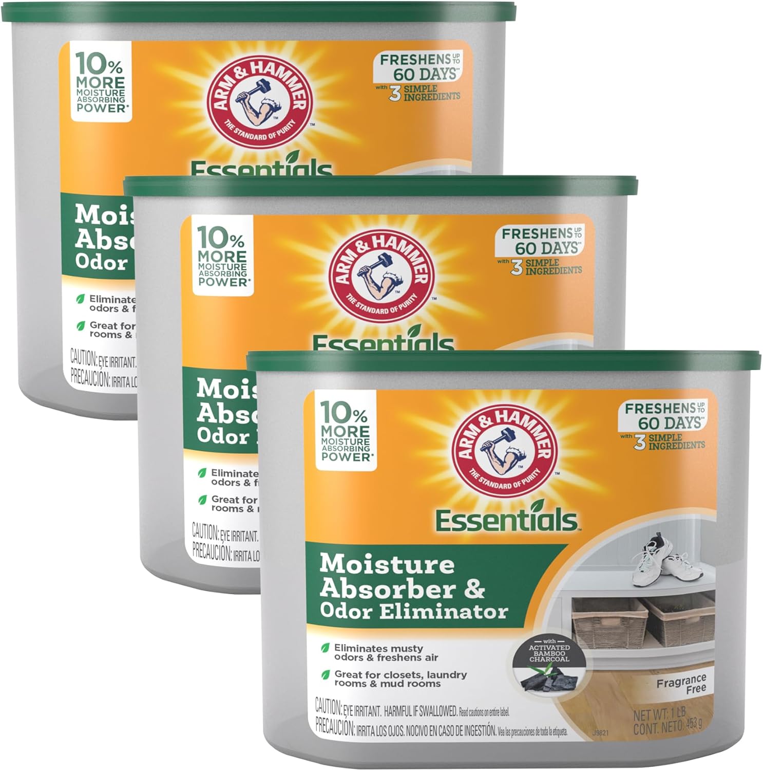 Arm & Hammer Essentials Disposable Moisture Absorber and Odor Eliminator Tub, Fragrance Free, 1 lb, 3-Pack, Attracts and Traps Excess Moisture, Ideal...