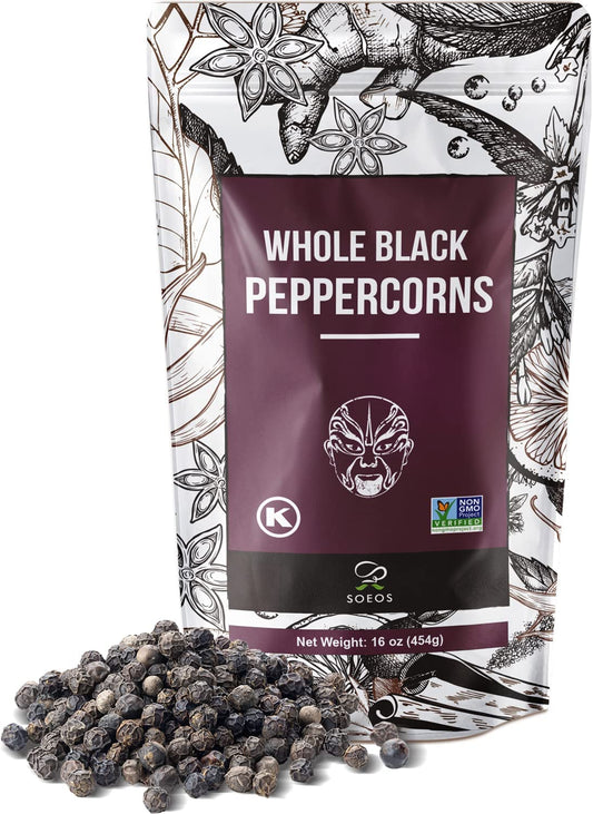 Soeos Black Peppercorns, 16oz (Pack of 1), Non-GMO, Kosher, Packed to Keep Peppers Fresh, Peppercorn for Grinder Refill, Whole Peppercorns