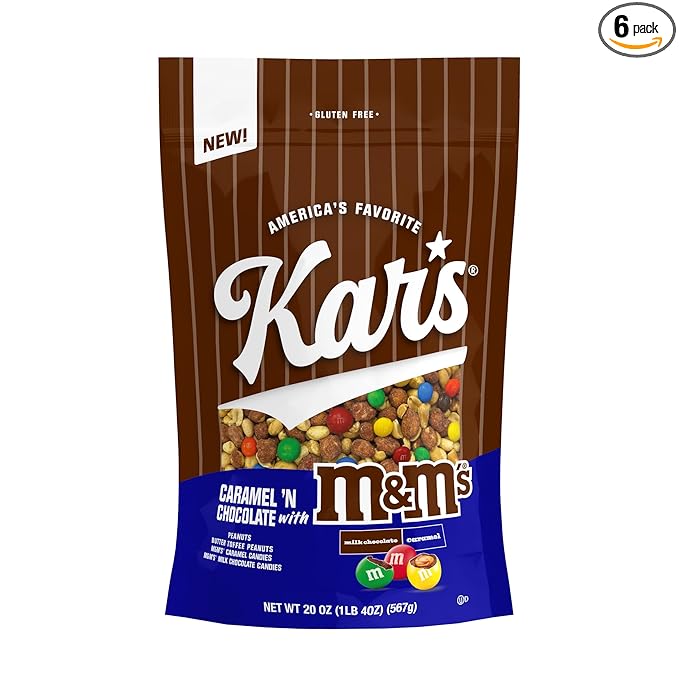 KarÕs Nuts Caramel 'N Chocolate with M&M'S Candies Trail Mix, 20 oz Ð Resealable Pouch (Pack of 6), Gluten-Free Trail Mix Snack