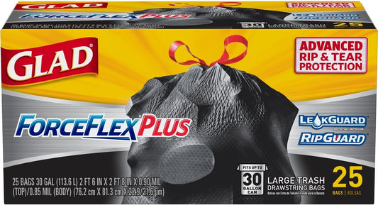 Glad Trash Bags, Large Drawstring Garbage Bags‚ ForceFlexPlus 30 Gallon Black Trash Bag - 25 Count Each (Pack of 6)
