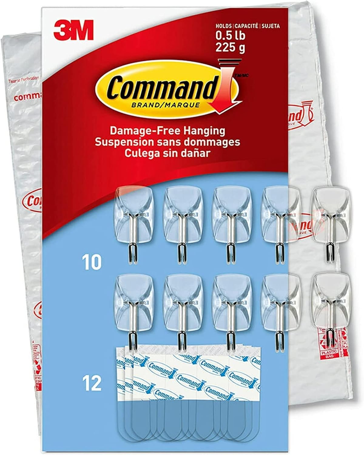 Command Small Wire Toggle Hooks, Damage Free Hanging Wall Hooks with Adhesive Strips, No Tools Wall Hooks for Hanging Decorations in Living Spaces, 10 Clear Hooks and 12 Command Strips