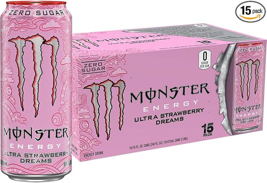 Monster Energy Ultra Strawberry Dreams, Sugar Free Energy Drink, 16 Ounce (Pack of 15)