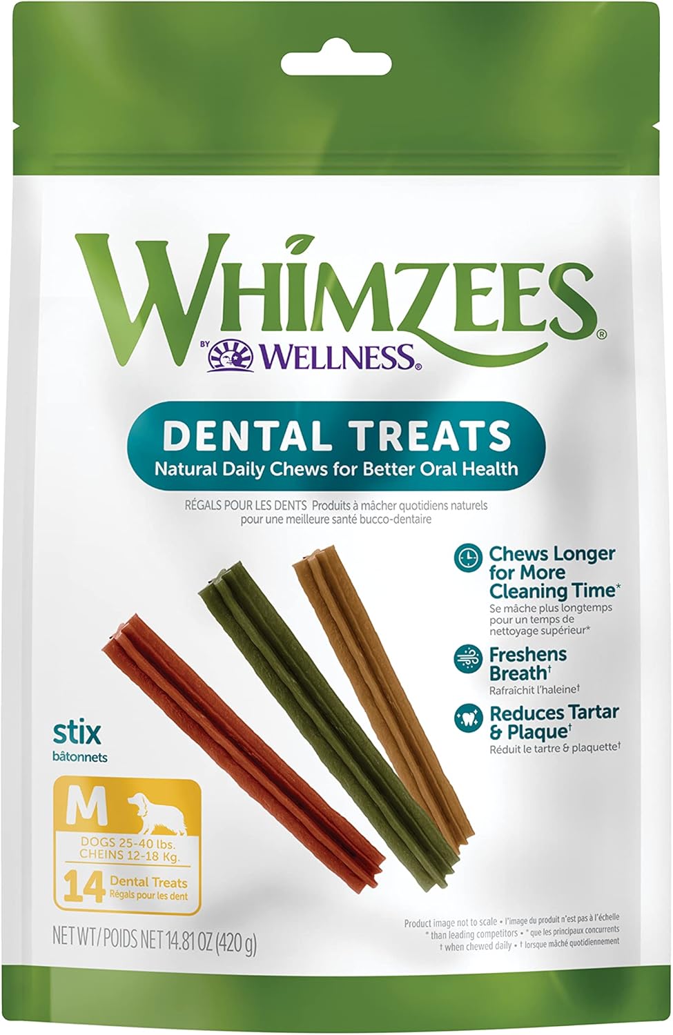 WHIMZEES by Wellness Stix Natural Dental Chews for Dogs, 3X Longer Lasting & Grain-Free, Freshen Breath & Fight Plaque & Tartar, Medium Breed,...