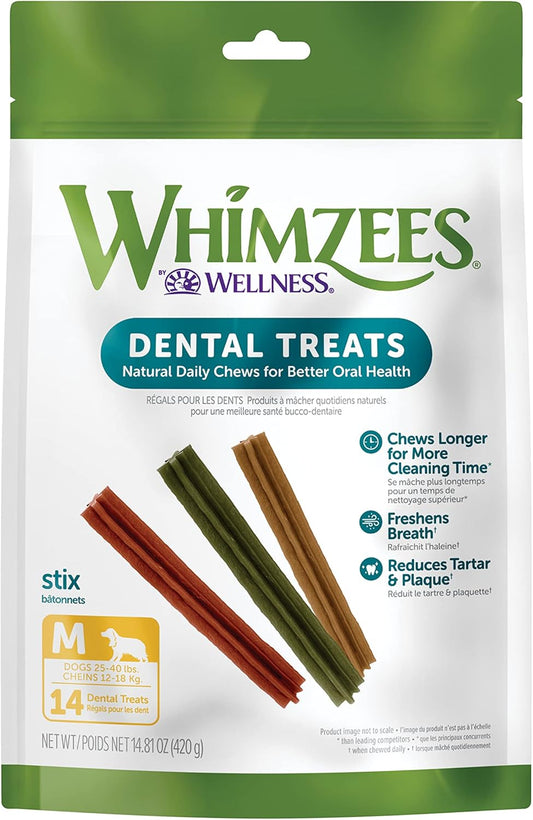 WHIMZEES by Wellness Stix Natural Dental Chews for Dogs, 3X Longer Lasting & Grain-Free, Freshen Breath & Fight Plaque & Tartar, Medium Breed,...