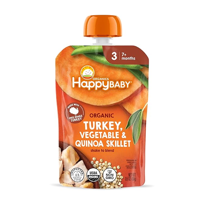 Happy Baby Organics Savory Blends Stage 3 Baby Food Puree, Free Range Turkey, Harvest Vegetables & Quinoa Skillet, 3.5 Ounce (Pack of 16)