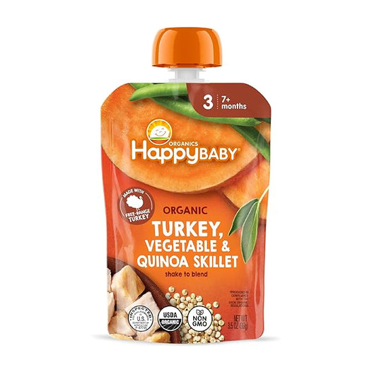 Happy Baby Organics Savory Blends Stage 3 Baby Food Puree, Free Range Turkey, Harvest Vegetables & Quinoa Skillet, 3.5 Ounce (Pack of 16)