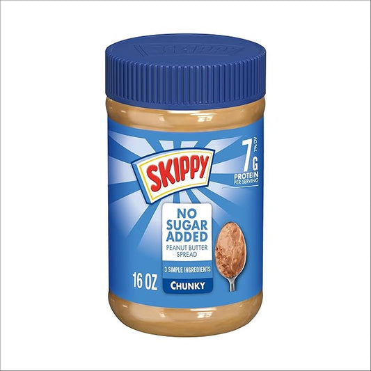 SKIPPY No Sugar Added Chunky Peanut Butter Spread, 16 oz Jars (Pack of 12) Ð 3 Ingredients, 7g Protein per Serving, Gluten-Free