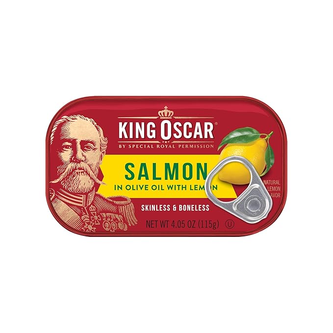 King Oscar Premium Salmon in Olive Oil with Lemon, 4.05-Ounce Cans (Pack of 12, Packaging May Vary), Skinless & Boneless Salmon