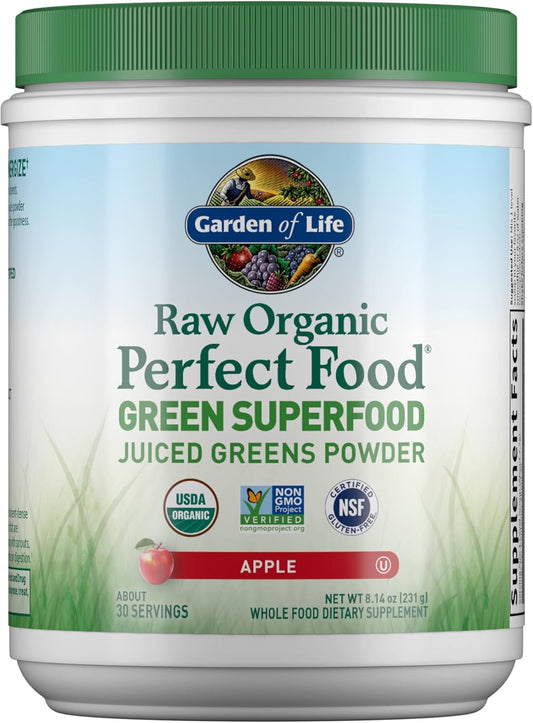 Garden of Life Raw Organic Perfect Food Green Superfood Juiced Greens Powder - Apple Flavor, 30 Servings - Vegan Gluten Free Whole Food Dietary Supplement,...