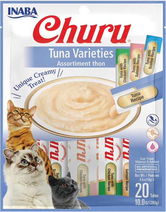 NABA Churu Cat Treats, Lickable, Squeezable Creamy Purée Cat Treat with Green Tea Extract & Taurine, 0.5 Ounces Each Tube, 20 Tubes, Tuna Variety Bag..