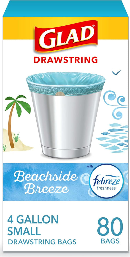 Glad Trash Bags, Small Kitchen Drawstring Garbage Bags 4 Gallon Green Trash Bag, Febreze Beachside Breeze, 80 Count (Package May Vary)