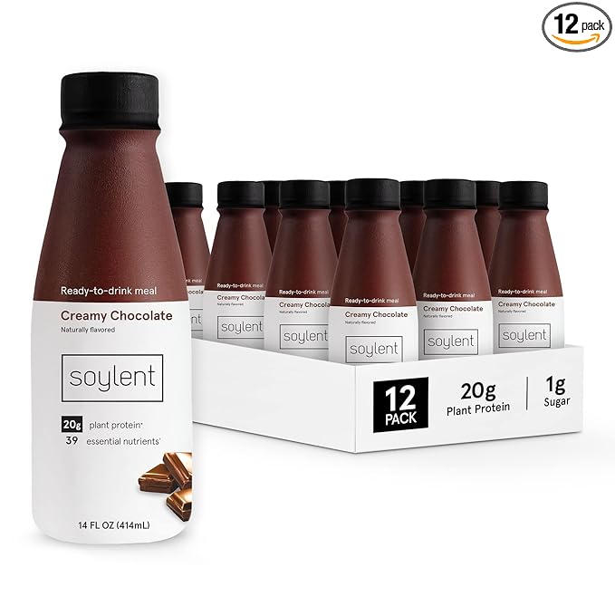 Soylent Creamy Chocolate Meal Replacement Shake, Ready-to-Drink Plant Based Protein Drink, Contains 20g Complete Vegan Protein and 1g Sugar, 14oz, 12 Pack