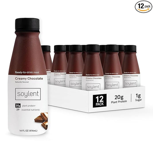 Soylent Creamy Chocolate Meal Replacement Shake, Ready-to-Drink Plant Based Protein Drink, Contains 20g Complete Vegan Protein and 1g Sugar, 14oz, 12 Pack