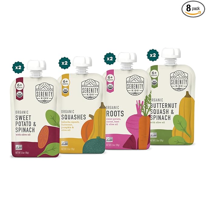 Serenity Kids 6+ Months Veggie Puree Organic Baby Food Pouches - No Added Sugar, Allergen-Free & BPA-Free Baby Snacks - 3.5 Oz, 8 Pack
