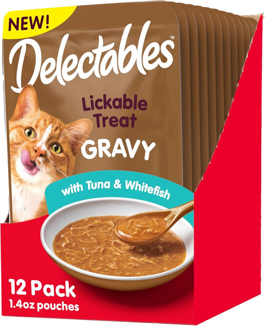 Hartz Delectables Gravy Lickable Wet Cat Treat & Food Topper, Tuna & Whitefish, 12 Pack, 1.40 Ounce (Pack of 12)