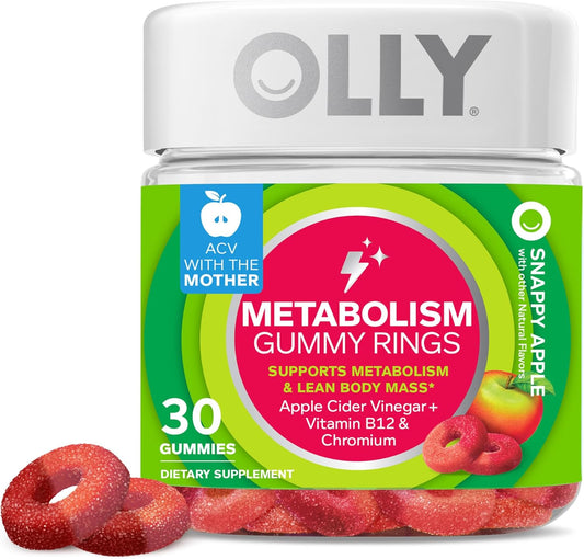 OLLY Metabolism Gummy Rings, Apple Cider Vinegar, Vitamin B12, Chromium, Energy and Digestive Health, Chewable Supplement, Apple Flavor - 30 Count