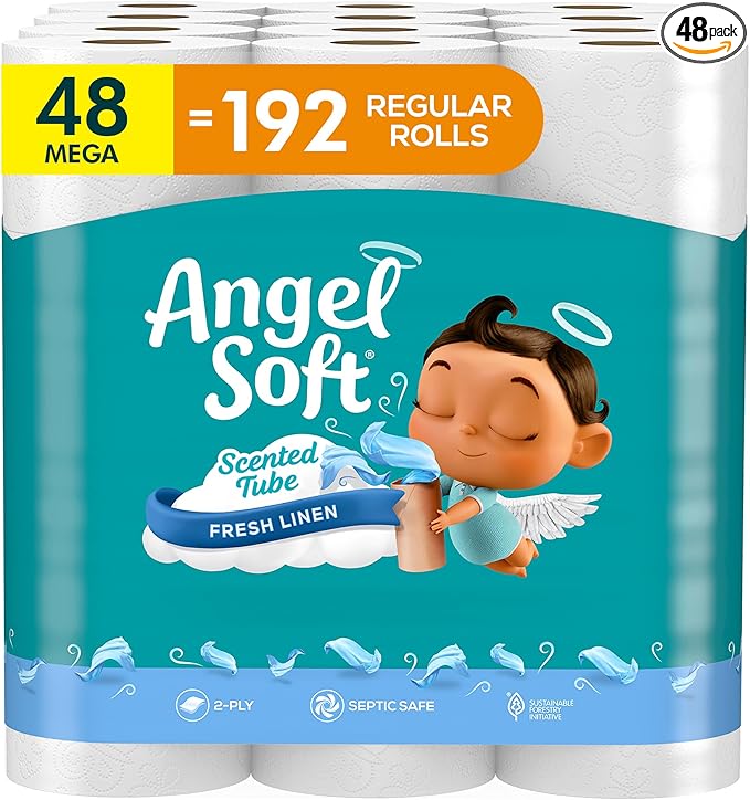 Angel Soft Toilet Paper with Fresh Linen Scented Tube, 48 Mega Rolls = 192 Regular Rolls, Soft and Strong Toilet Tissue