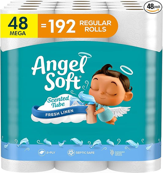 Angel Soft Toilet Paper with Fresh Linen Scented Tube, 48 Mega Rolls = 192 Regular Rolls, Soft and Strong Toilet Tissue
