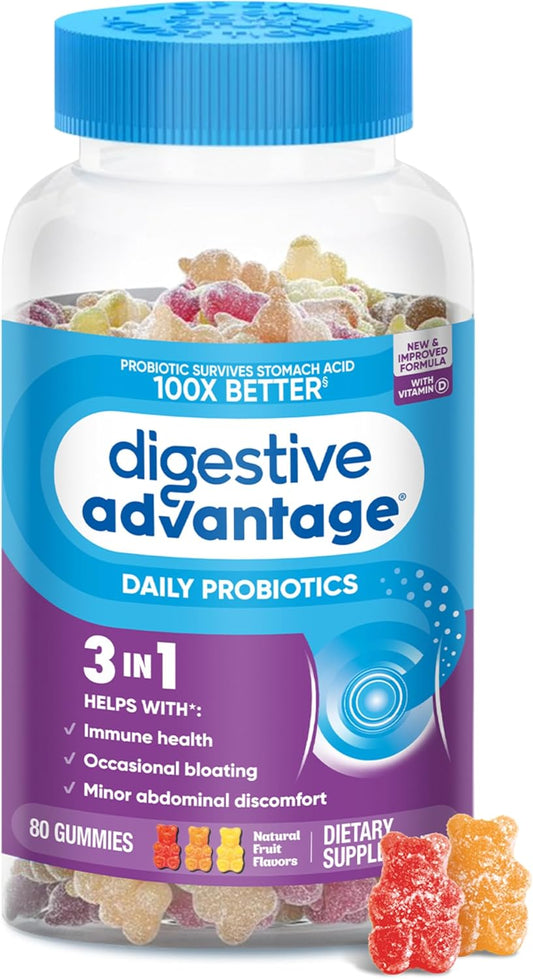 Digestive Advantage Probiotic Gummies For Digestive Health, Daily Probiotics For Women & Men, Support For Occasional Bloating, Minor Abdominal Discomfort & Gut Health, 80ct Natural Fruit Flavors
