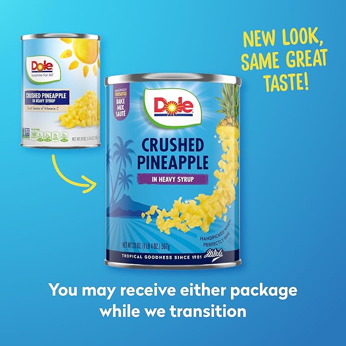 Dole Canned Fruit, Crushed Pineapple in Heavy Syrup, Gluten Free, Pantry Staples, 20 Oz, 12 Count, Packaging May Vary