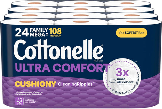 Cottonelle Ultra Comfort Toilet Paper with Cushiony CleaningRipples Texture, 24 Family Mega Rolls (24 Family Mega Rolls = 108 Regular Rolls) (4 Packs of 6),...