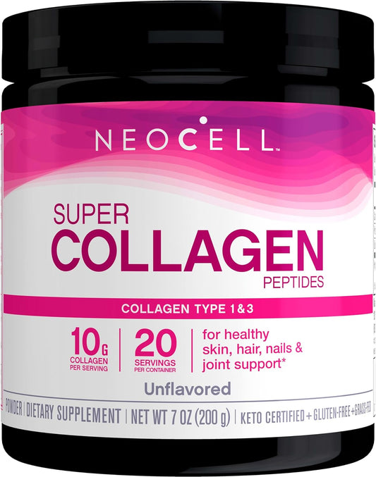 NeoCell Super Collagen Peptides, 10g Collagen Peptides per Serving, Gluten Free, Keto Friendly, Non-GMO, Grass Fed, Healthy Hair, Skin, Nails and Joints, Unflavored Powder, 7 oz., 1 Canister