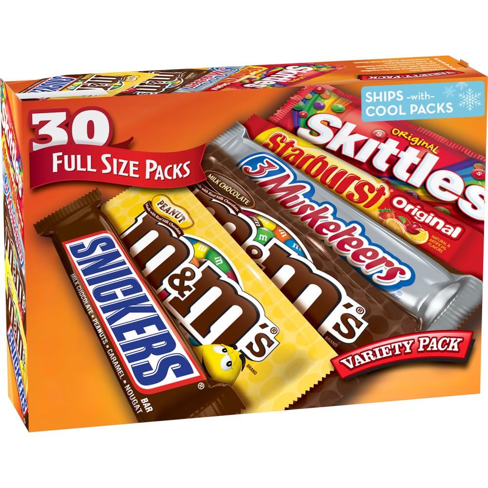 M&M'S, SNICKERS, 3 MUSKETEERS, SKITTLES & STARBURST Full Size Chocolate Candy Variety Mix 56.11-Ounce 30-Count Box