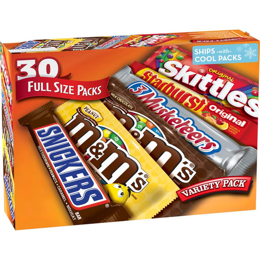 M&M'S, SNICKERS, 3 MUSKETEERS, SKITTLES & STARBURST Full Size Chocolate Candy Variety Mix 56.11-Ounce 30-Count Box