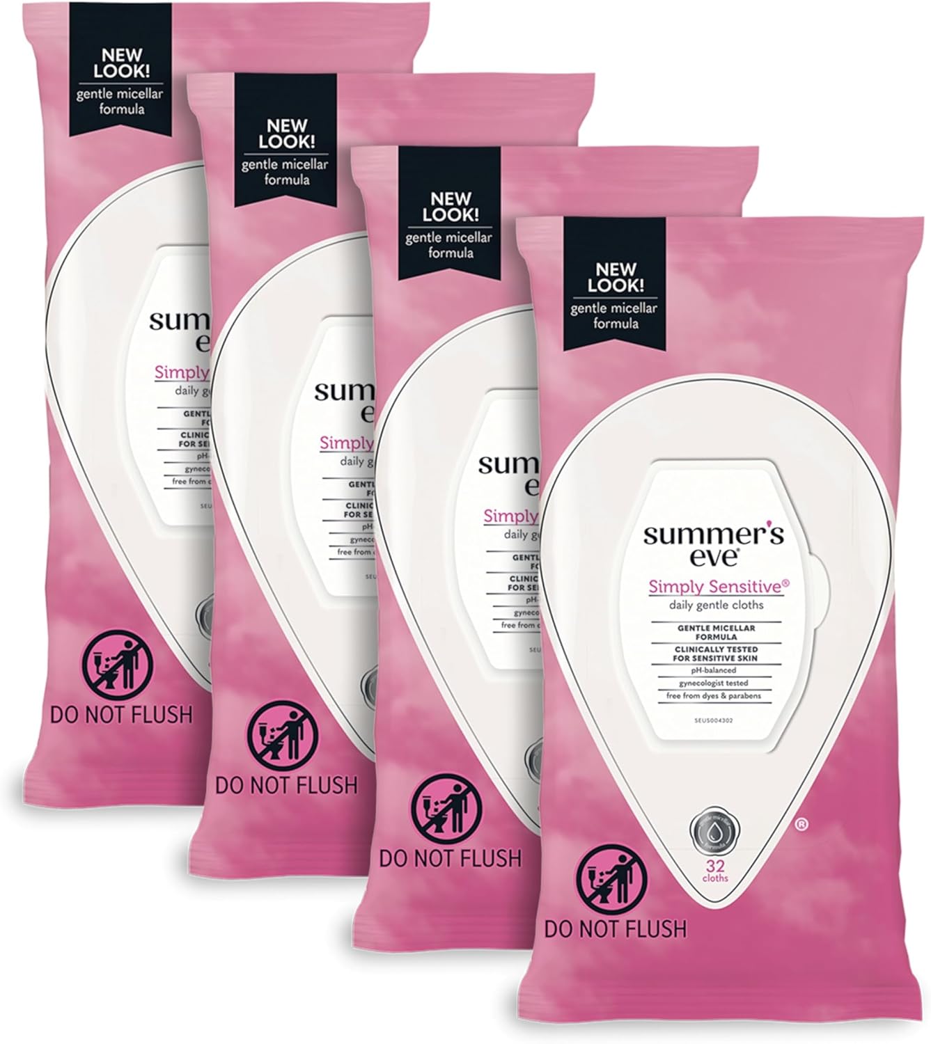 Summer's Eve Simply Sensitive Daily Gentle Feminine Wipes, Removes Odor, pH balanced, 32 count, 4 Pack