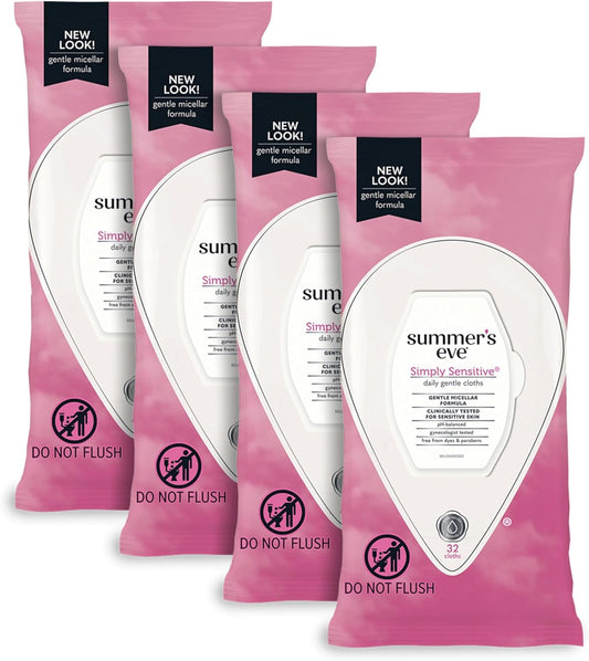 Summer's Eve Simply Sensitive Daily Gentle Feminine Wipes, Removes Odor, pH balanced, 32 count, 4 Pack