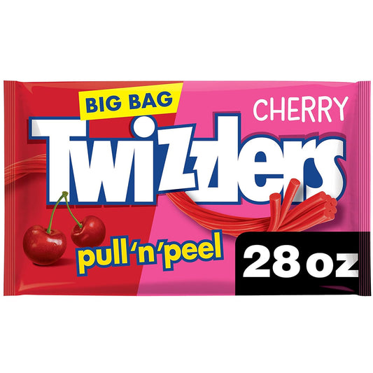 TWIZZLERS PULL 'N' PEEL Cherry Flavored Licorice Style, Low Fat Candy Big Bag, 28 oz, Pack of 1