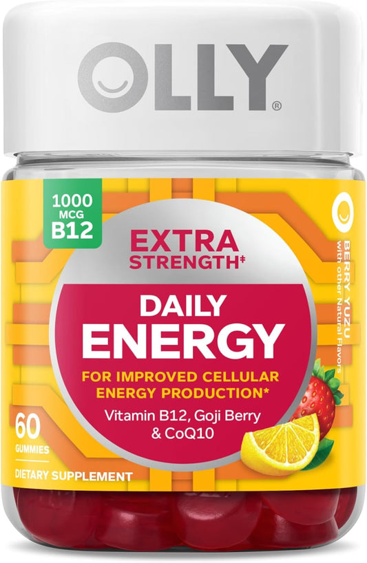 OLLY Extra Strength Daily Energy Gummy, Caffeine Free, 1000mcg Vitamin B12, CoQ10, Goji Berry, Adult Chewable Supplement, Berry Yuzu Flavor - 60 Count
