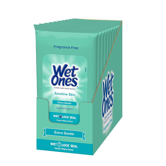 Wet Ones Hand Wipes for Sensitive Skin | Wipes Case for Hand and Face?|Travel Size, 20 Count (Pack of 10)