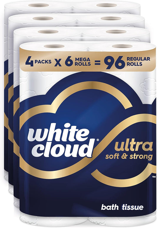 White Cloud Ultra Soft & Strong Toilet Paper, 4 packs of 6 Mega Rolls = 96 Regular Rolls 
