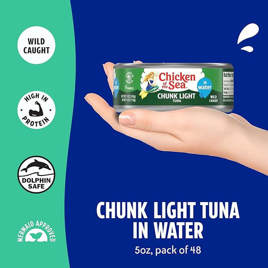 Chicken of the Sea Wild Caught Chunk Light Tuna, 5 Ounce Cans, 48-Count Ð High Protein 100% Classic Chunk Tuna in Water Ð Delicious, Easy, Nutritious Ready to Eat Meals