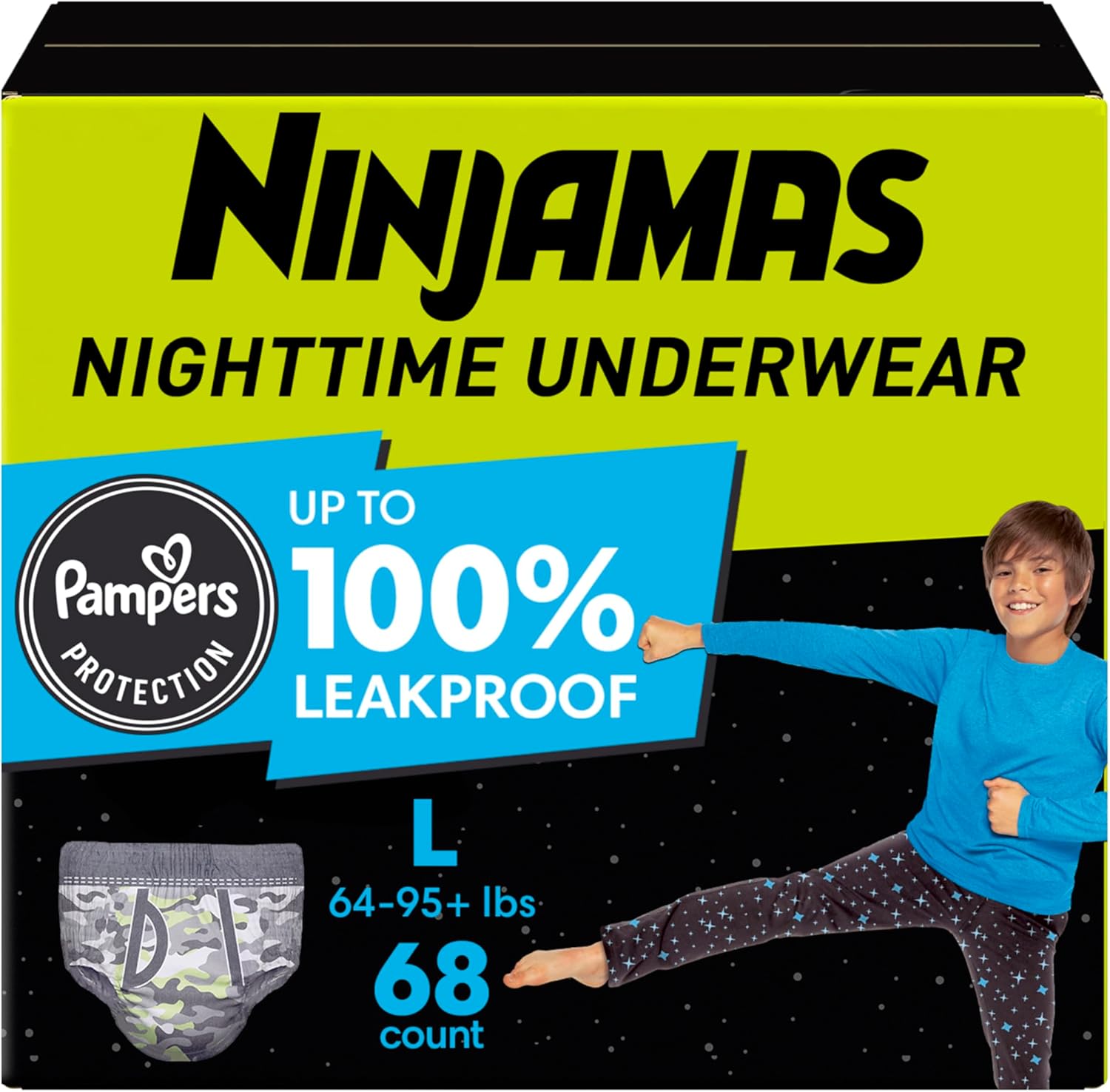 Pampers Ninjamas Nighttime Bedwetting Underwear Boys - Size L (64-125 lbs), 68 Count (Packaging May Vary)