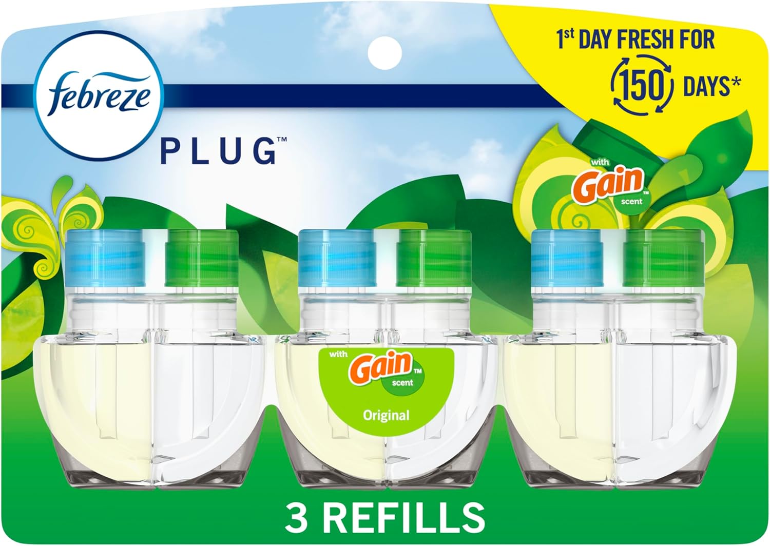 Febreze Plug in Air Fresheners, Gain Original Scent, Odor Eliminator for Strong Odors, Scented Oil Refill (3 Count)