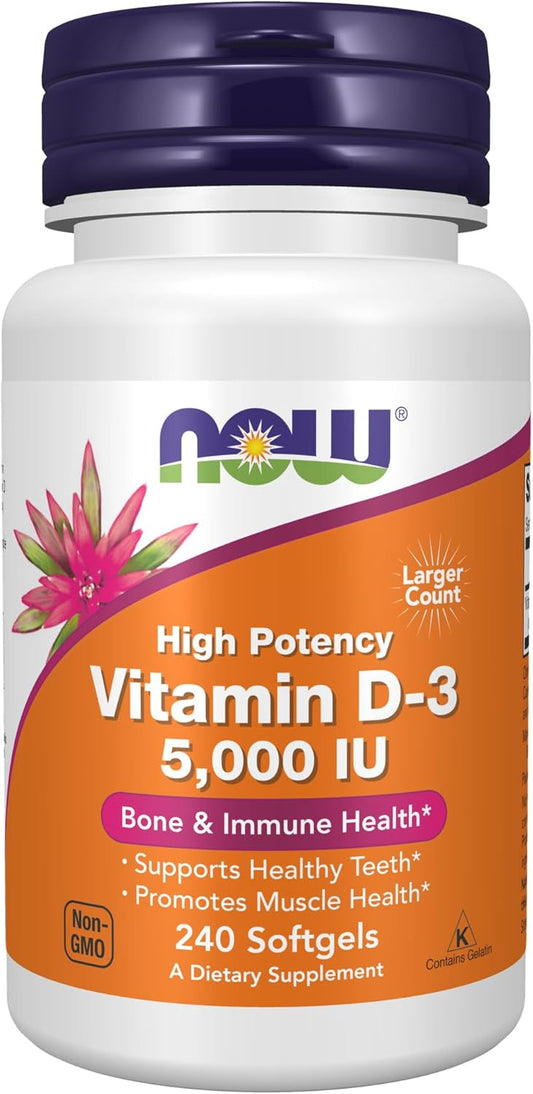 NOW Supplements, Vitamin D-3 5,000 IU,High potency, Structural Support*, 240 Softgels