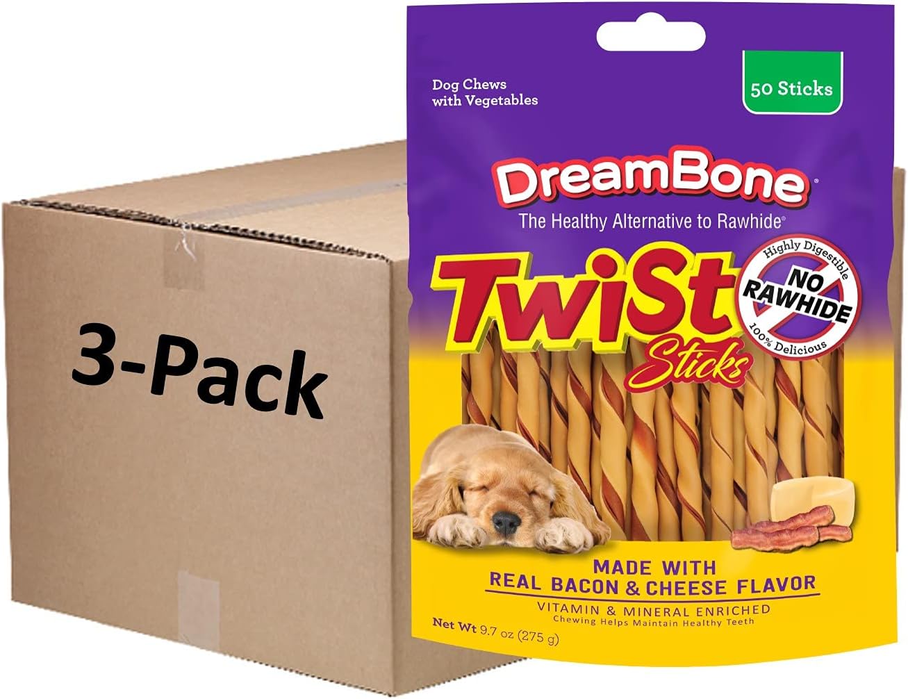 Dreambone Twist Sticks with Real Bacon and Cheese Flavor 50 Count, Rawhide-Free Chews for Dogs (3 Pack)