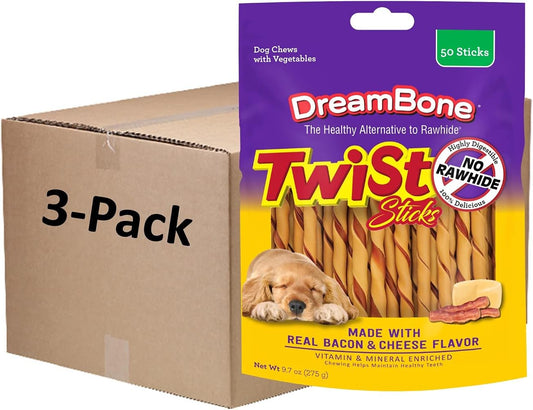 Dreambone Twist Sticks with Real Bacon and Cheese Flavor 50 Count, Rawhide-Free Chews for Dogs (3 Pack)