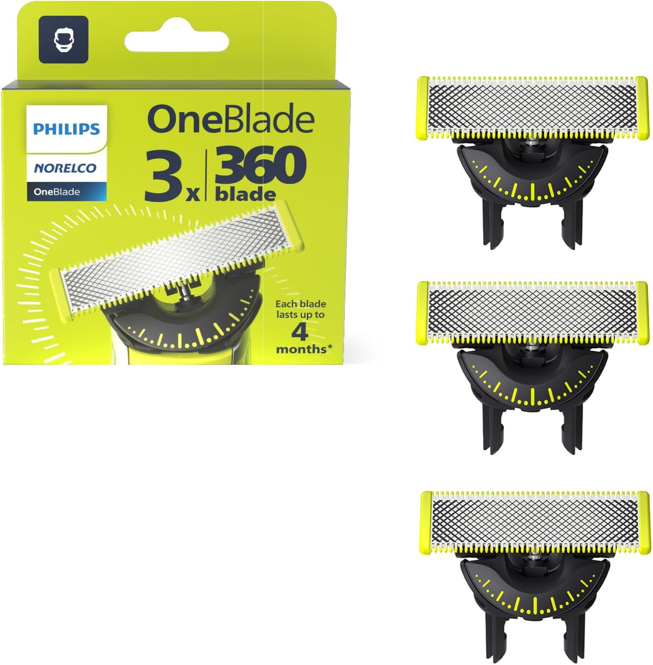 Philips Norelco OneBlade 360 Blades, Genuine Replacement Blades for OneBlade Electric Shaver and Trimmer, Durable Stainless Steel, Trim, Edge and Shave, 3 Pack, Model QP430/80