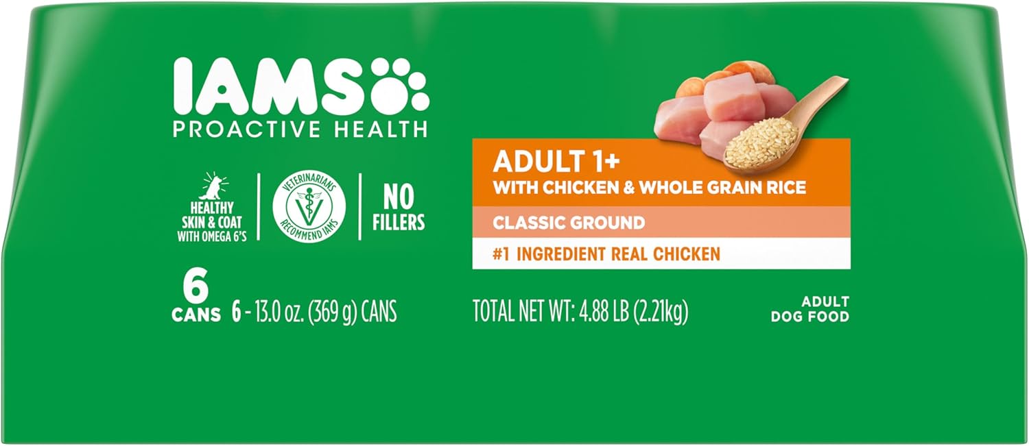 IAMS Proactive Health Adult Wet Dog Food Classic Ground with Chicken and Whole Grain Rice, Chicken & Rice, 13 Ounce (Pack of 6)