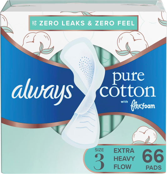 Always Pure Cotton Feminine Pads for Women, Size 3, Extra Heavy Flow, with wings, Unscented, Free of Dyes, Fragrances, and Chlorine Bleaching, 22 Count x 3...