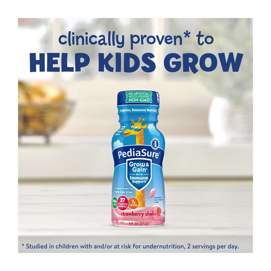 PediaSure Grow & Gain with Immune Support, 7g Protein, Strawberry, 8-fl-oz Bottle, 6 Shakes