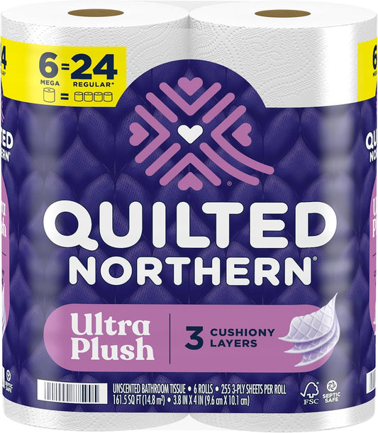 Quited Northern Ultra Plush Toilet Paper, 6 Mega Rolls = 24 Regular Rolls, 3X Thicker*, 3 Ply Soft Toilet Tissue
