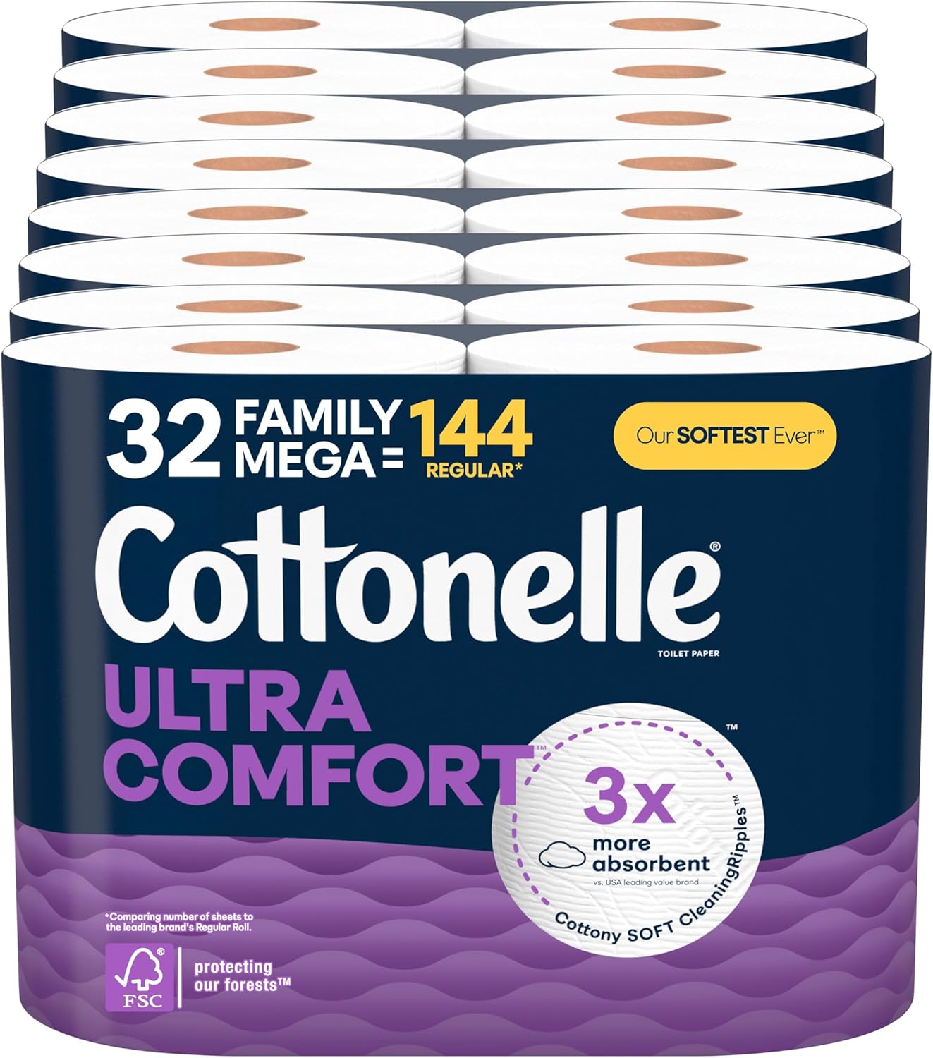 Cottonelle Ultra Comfort Toilet Paper with Cushiony CleaningRipples Texture, 32 Family Mega Rolls (32 Family Mega Rolls = 144 Regular Rolls) (8 Packs of 4),...