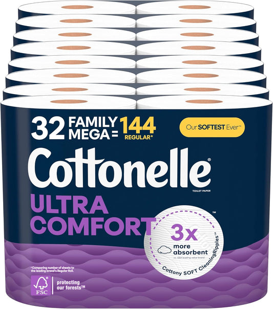 Cottonelle Ultra Comfort Toilet Paper with Cushiony CleaningRipples Texture, 32 Family Mega Rolls (32 Family Mega Rolls = 144 Regular Rolls) (8 Packs of 4),...