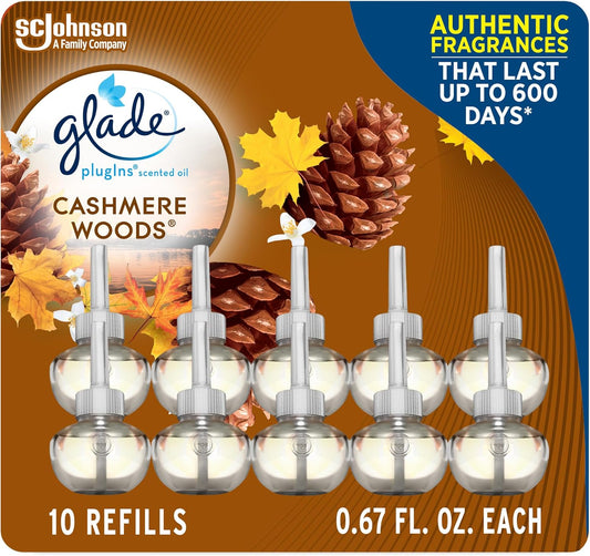 Glade PlugIns Refills Air Freshener, Scented and Essential Oils for Home and Bathroom, Cashmere Woods, 6.7 Fl Oz, 10 Count (Packaging May Vary)